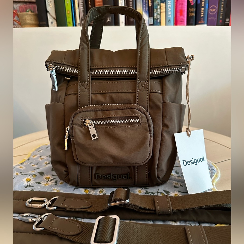 Olive green Desigual mini backpack crossbody zipper purse